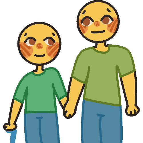 Two nondescript yellow people dressed in green shirts (the one on the left having more of a blue tint and the one on the right having more of a yellow tint) and blue pants. The person on the left is shorter and using a blue cane and is looking at the taller and holding hands with them.